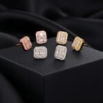 Baguette Halo Moissanite Stud Earrings — Triple Tone
