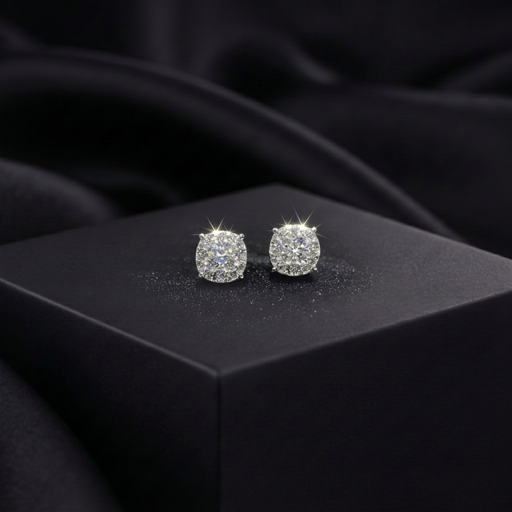 Moissanite Cushion Halo Stud Earrings
